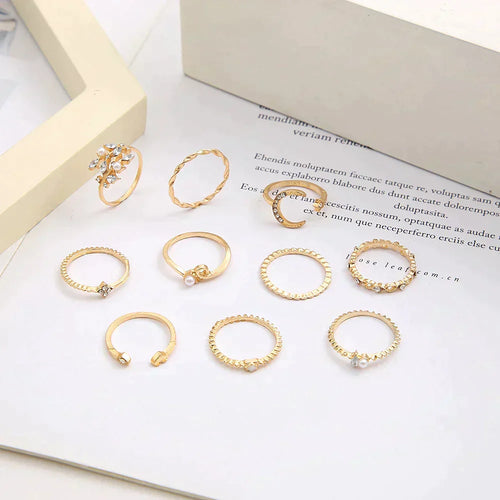 10-Piece Bohemian Ring Set in Silver and Gold